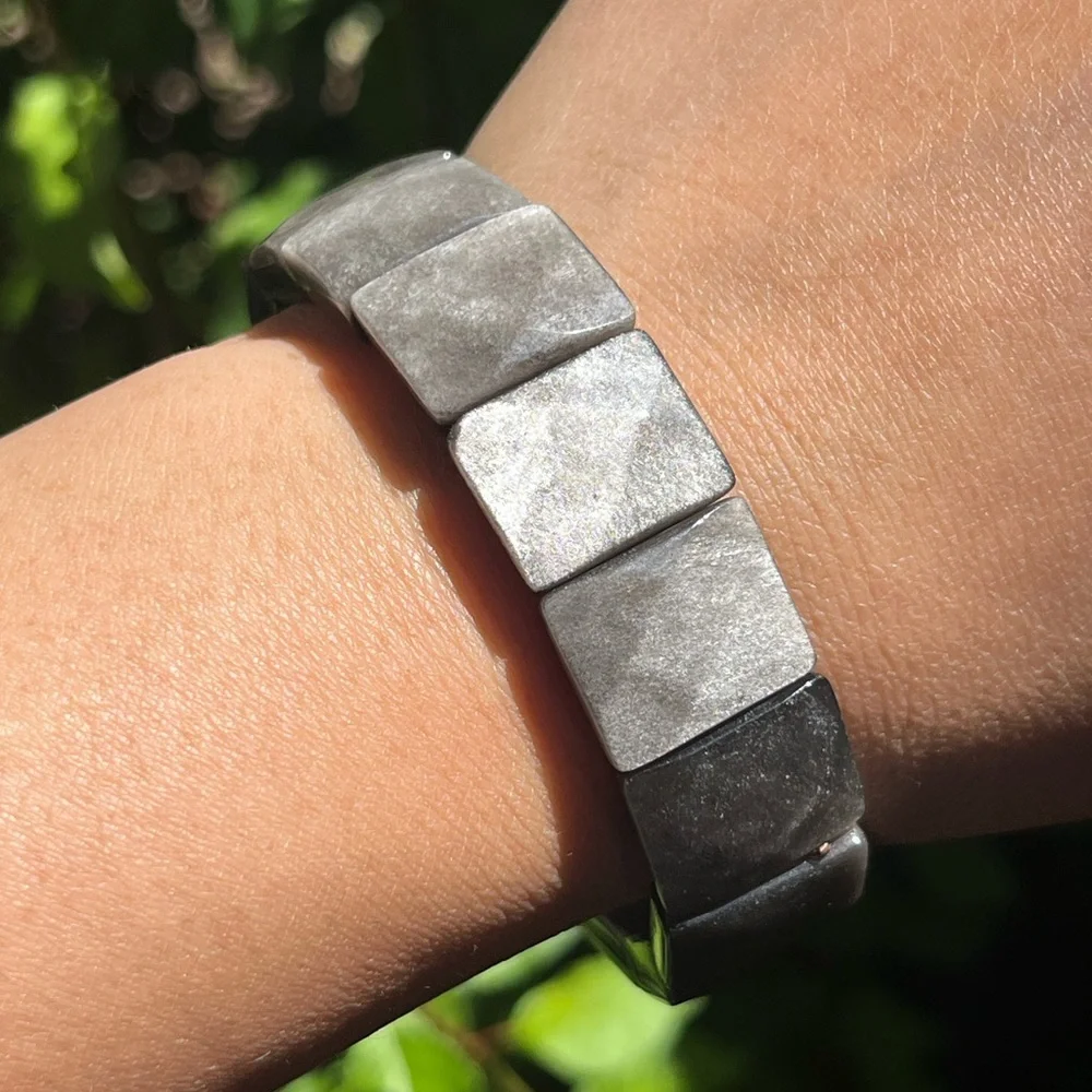 Stretchable‎ faceted silver obsidian soft bangle